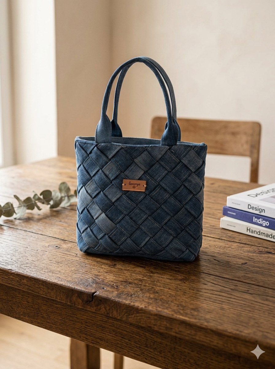 Borsa a strisce in denim riciclato