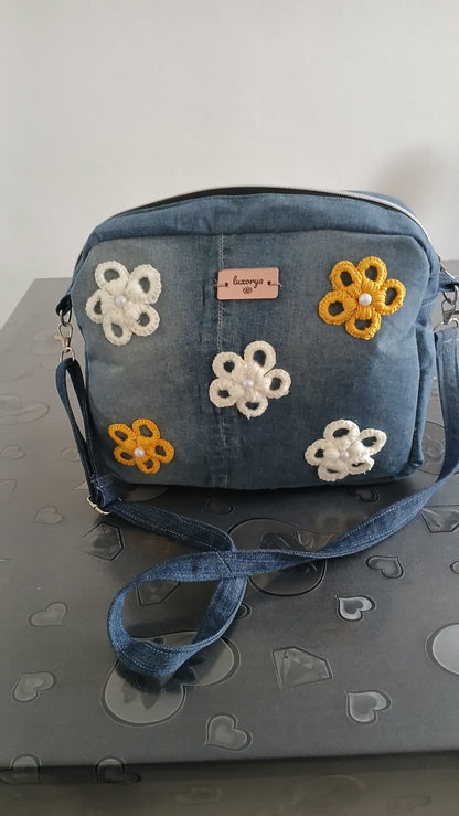 borsa jeans con fiori