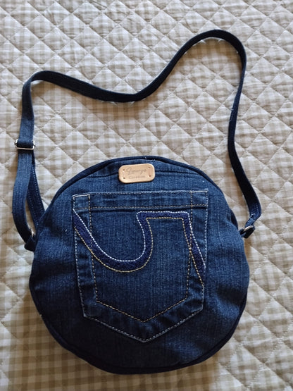 borsa tonda in denim con tasca