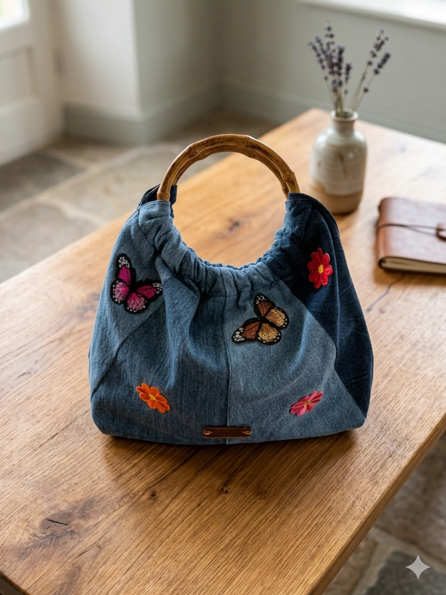 Borsa con manico di legno in denim