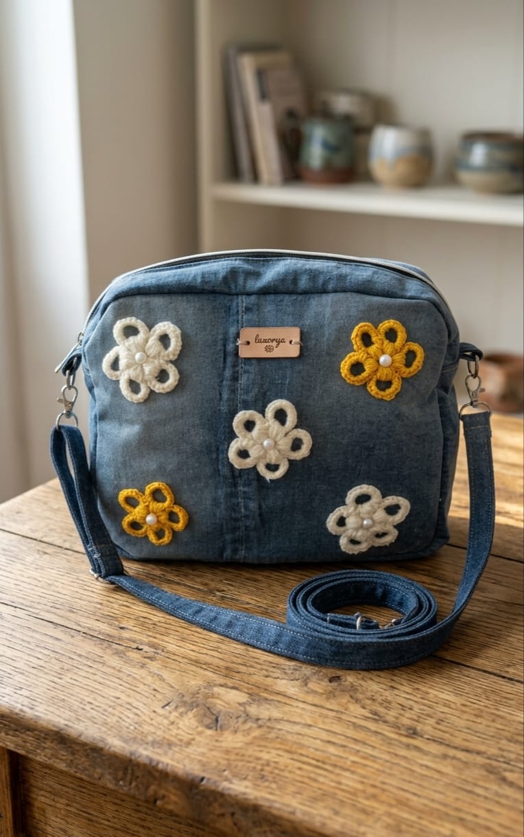 borsa jeans con fiori