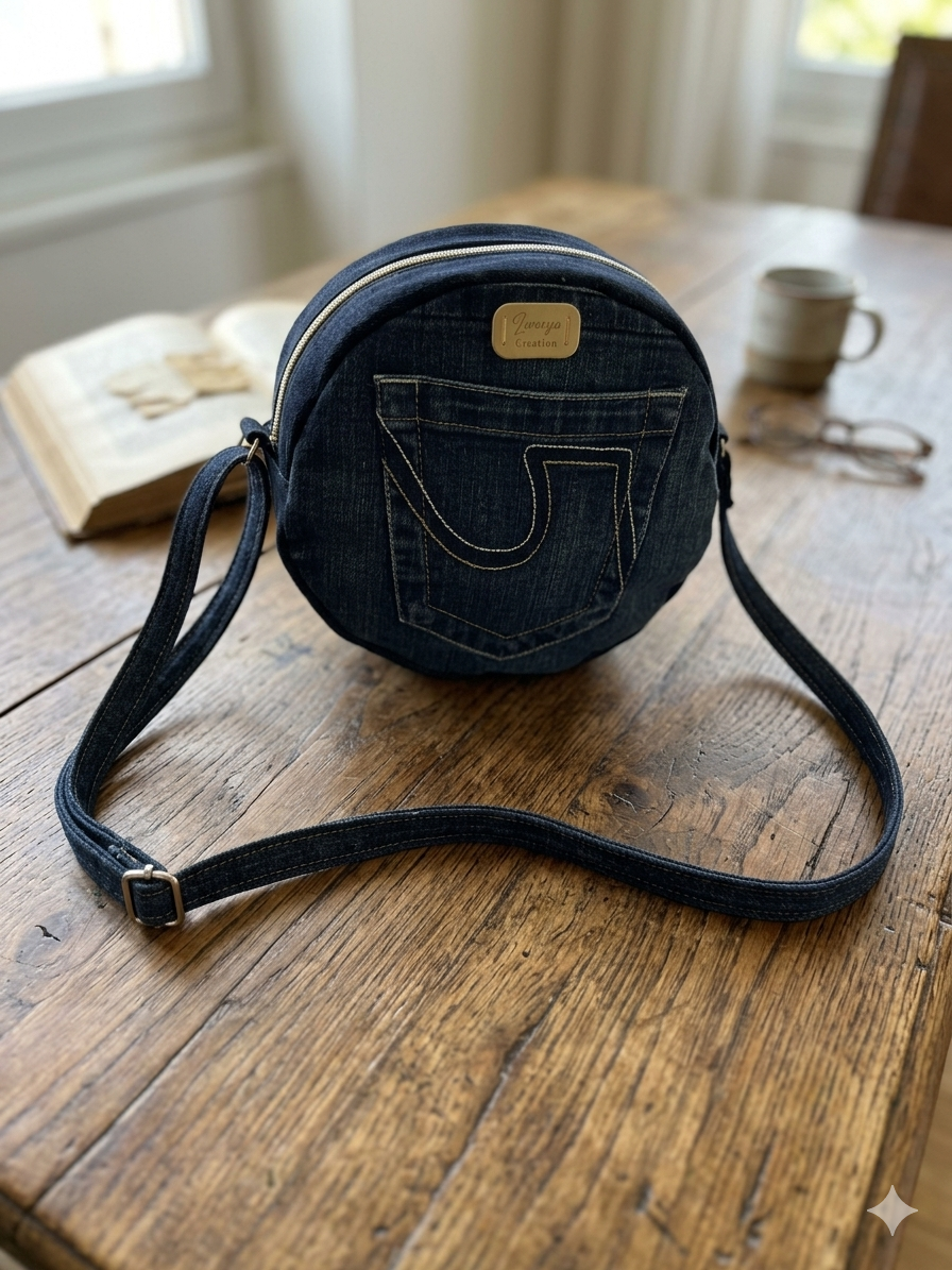 borsa tonda in denim con tasca