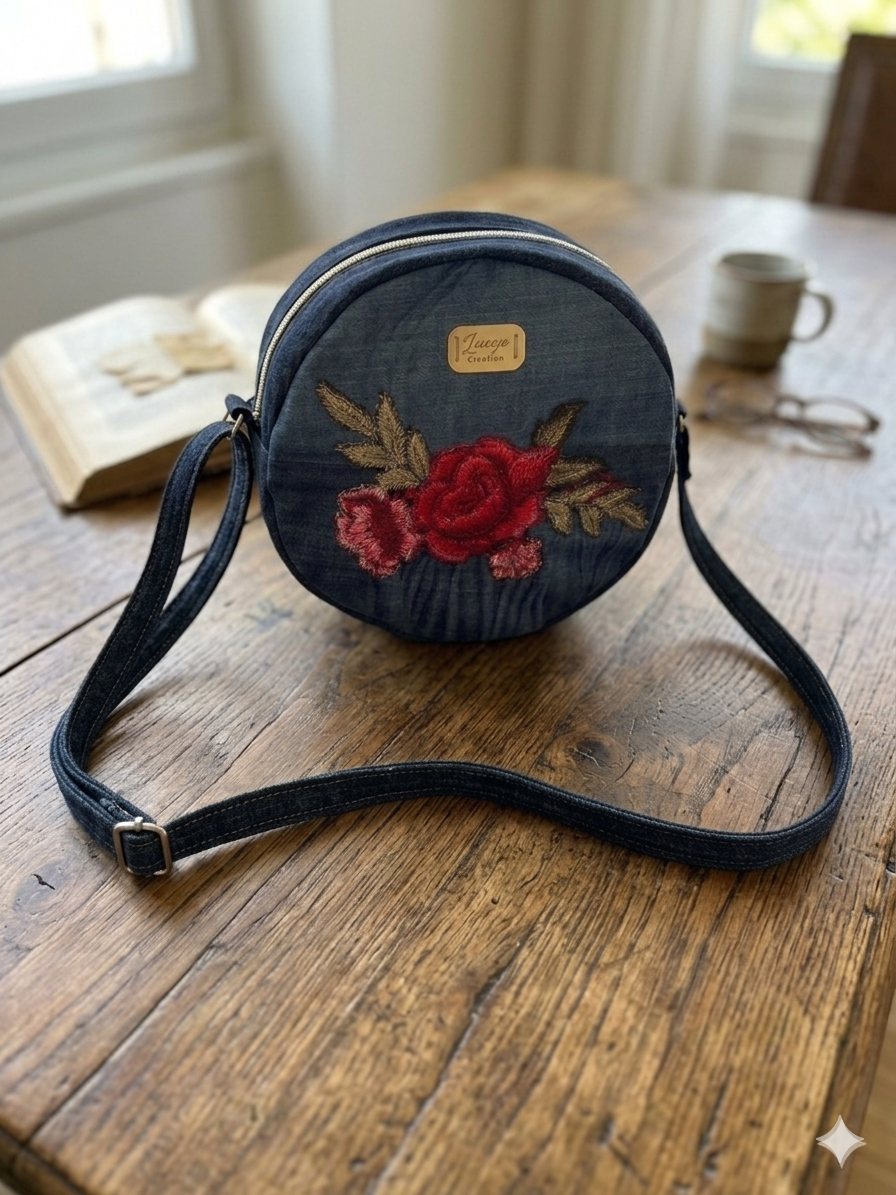 Borsa tonda in denim con fiore