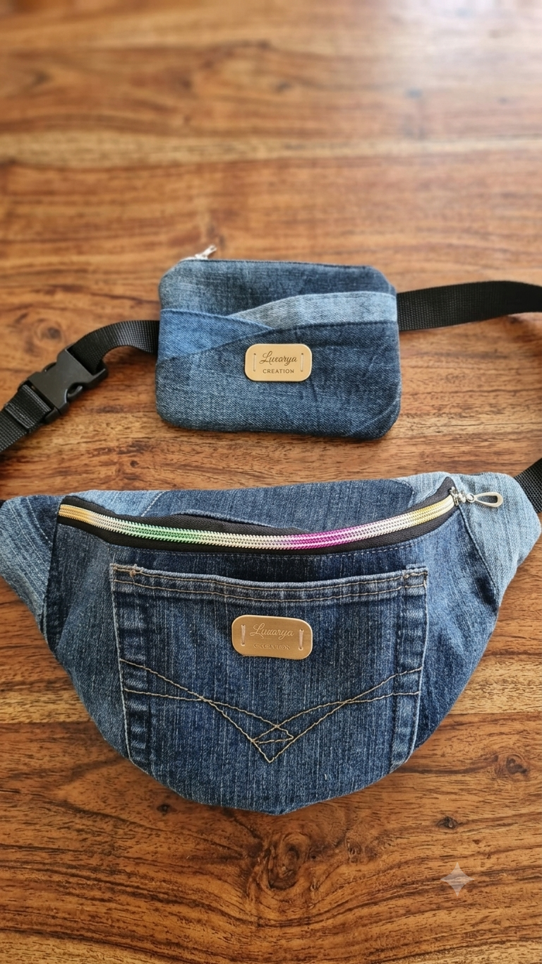 Marsupio multitasche in denim riciclato