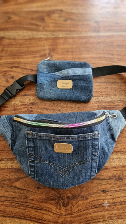 Marsupio multitasche in denim riciclato