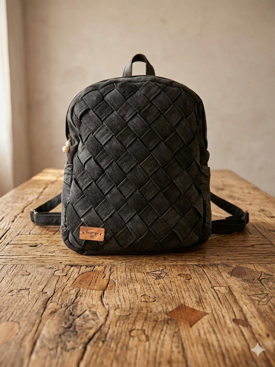 zaino a strisce in jeans nero