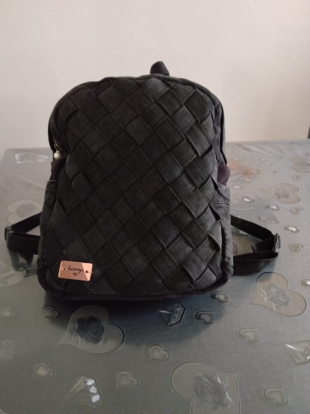 zaino a strisce in jeans nero